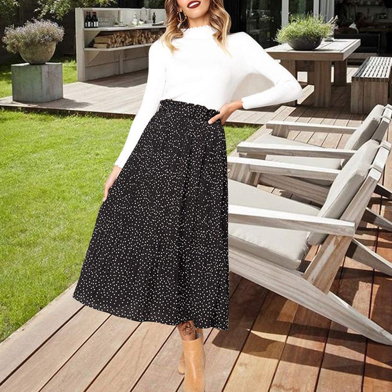 Exlura Womens High Waist Polka Dot Pleated Skirt Midi Swing Skirt with Pockets Black X-Large - Image 2